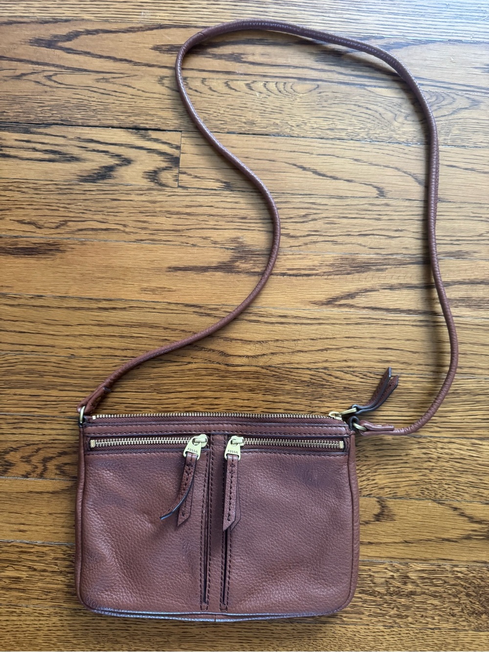 Fossil Brown Pebbled Leather Crossbody with Dual Front Zips